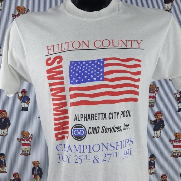 Vintage 1991 Fulton County Swim Championship Flag logo graphic white LG t-shirt - Picture 1 of 5